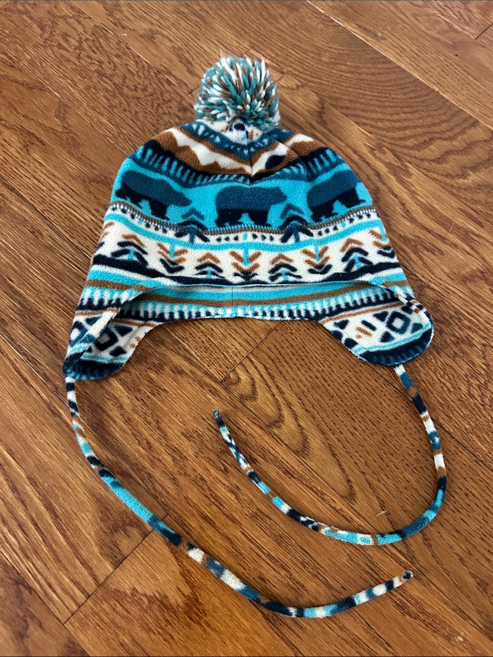 Kids Teal Patterned Fleece Earflap Hat with Pom Pom